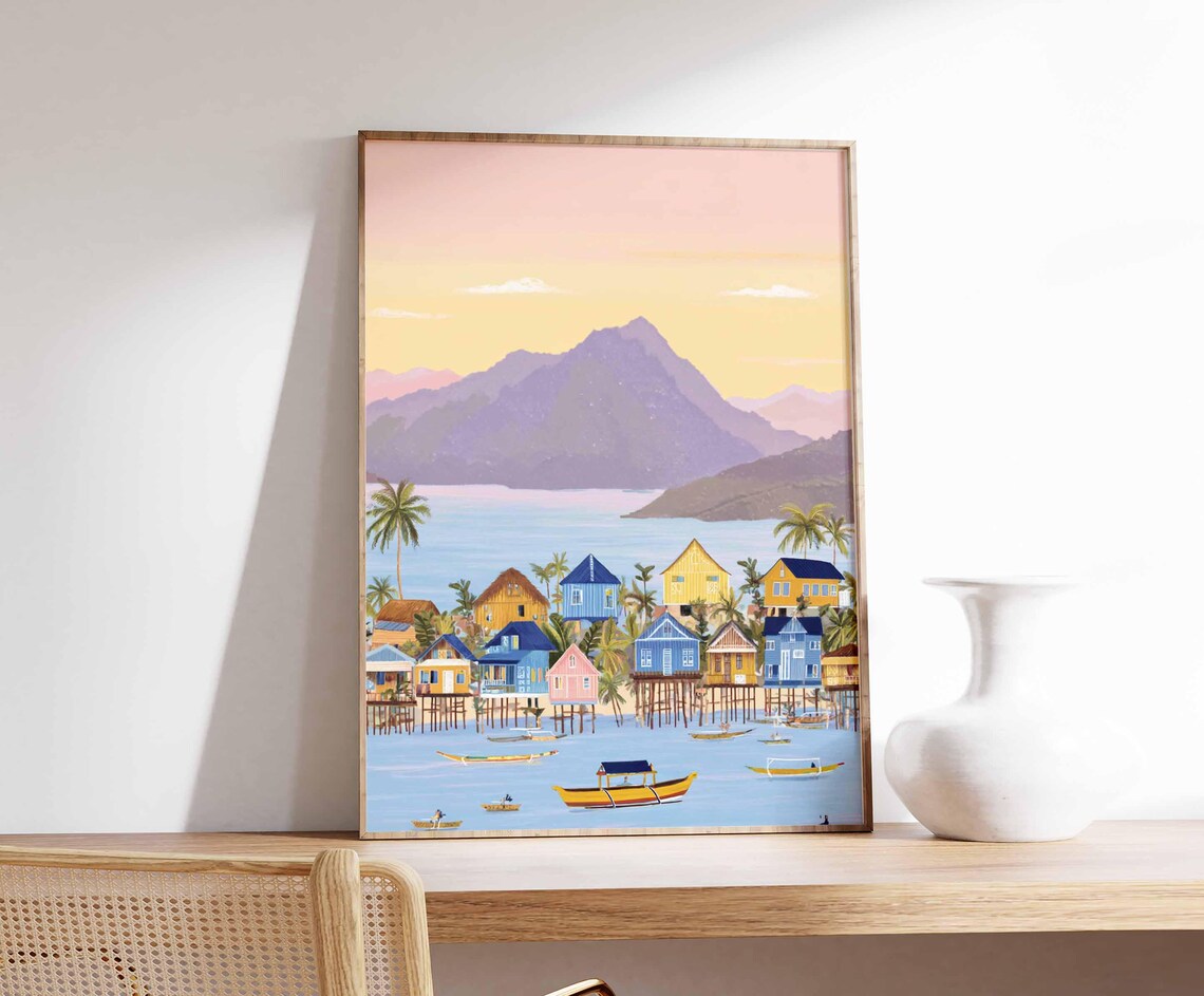 Tropical Stilt House Fishing Village Sunset Boats Art Poster