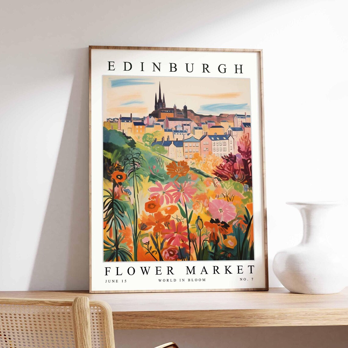 Edinburgh Flower Market Town Spire Pink Tulip Garden Bloom Poster