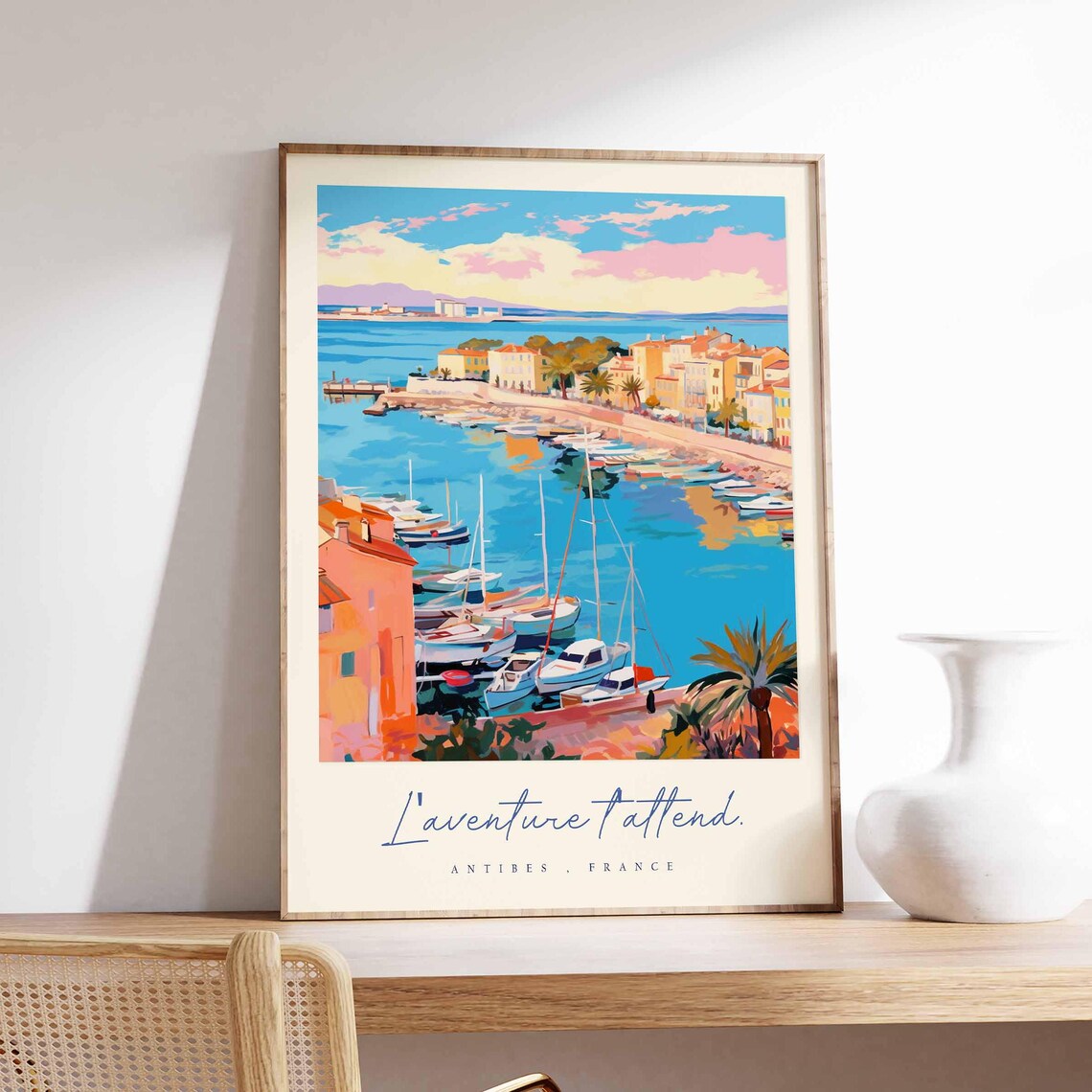 Antibes France Marina Sailboats Sunset Harbour Pink Sky Travel Poster