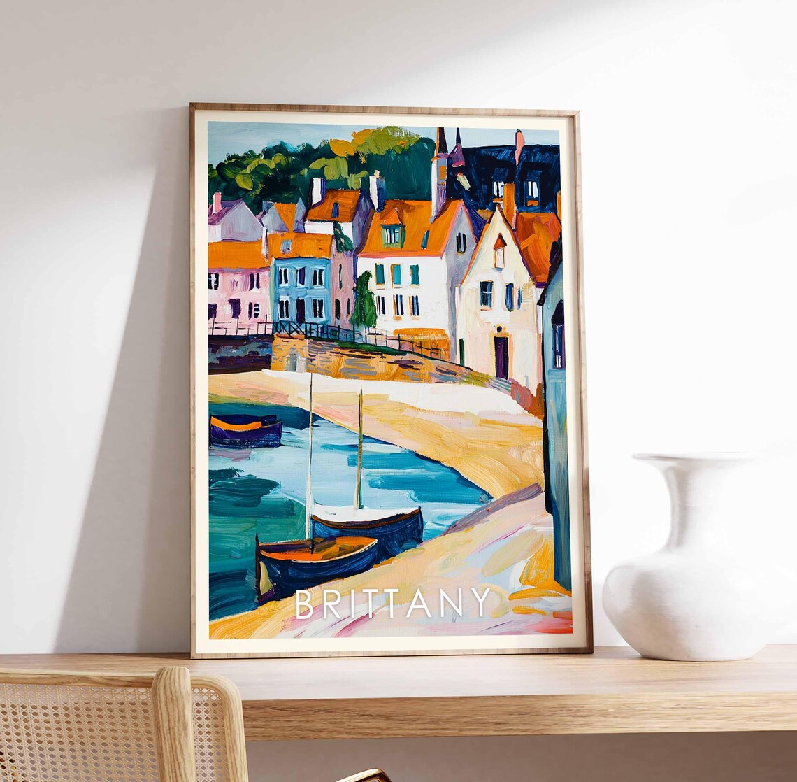 Brittany Coastal Fishing Village Boats Quiet Harbor Painting Poster