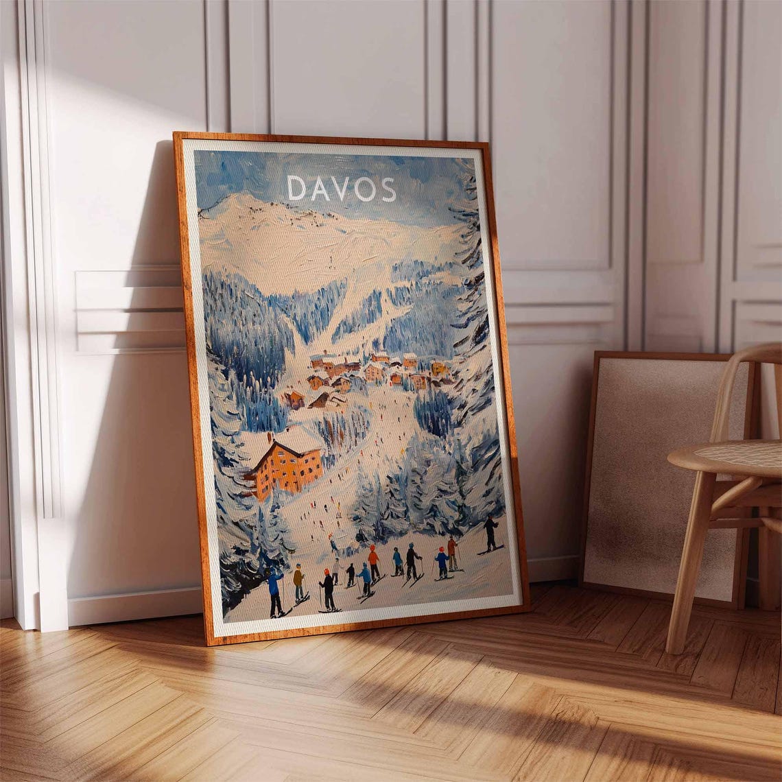 Davos Skiers Gathering at Orange Chalet Snowy Mountainside Fun Poster - Image 2