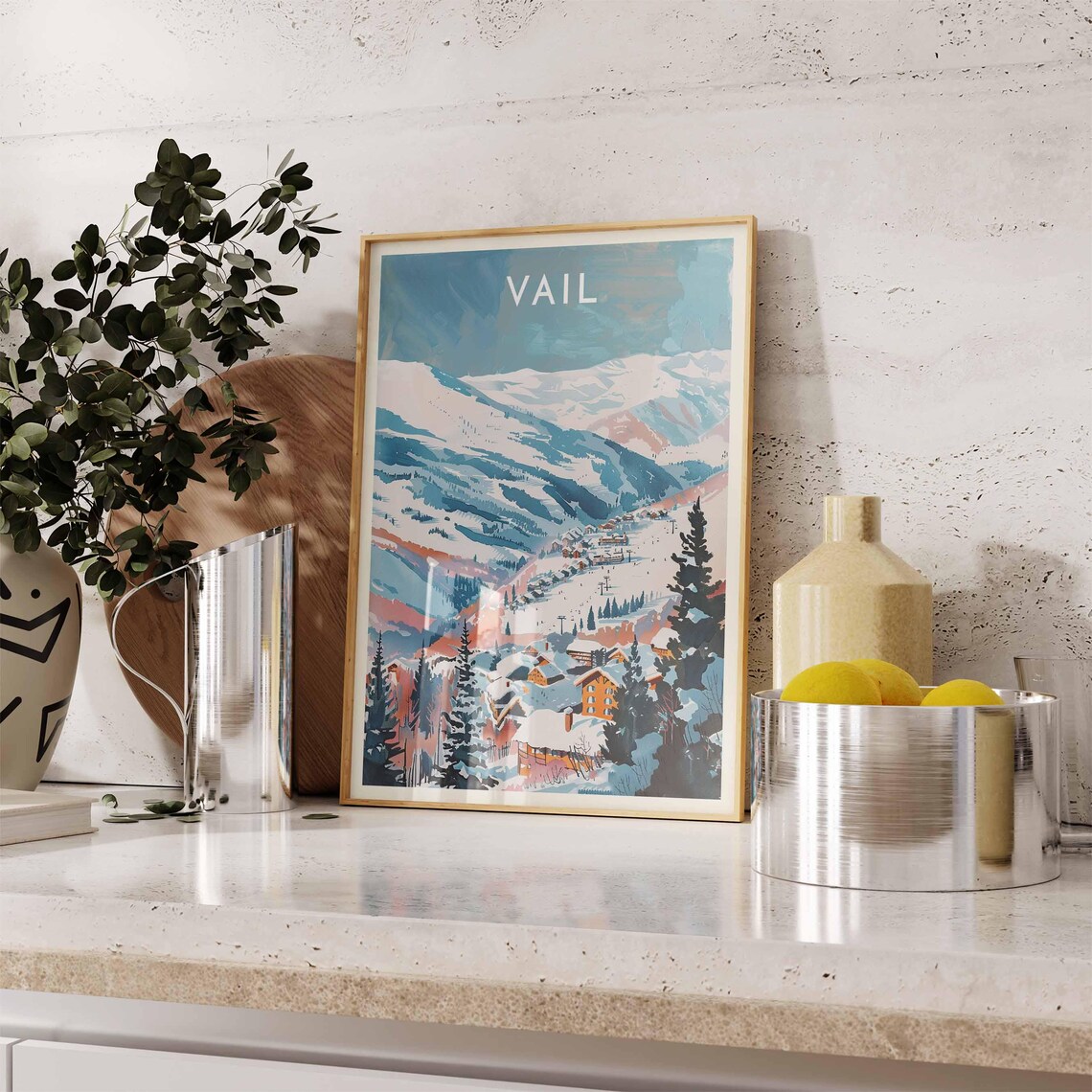 Vail Colorado Dawn Mountain Village Coral Teal Sky Art Poster - Image 2