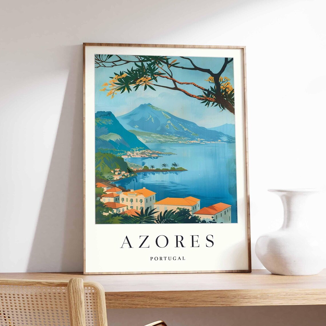 Azores Portugal Volcanic Lake Mountain Vintage Travel Poster