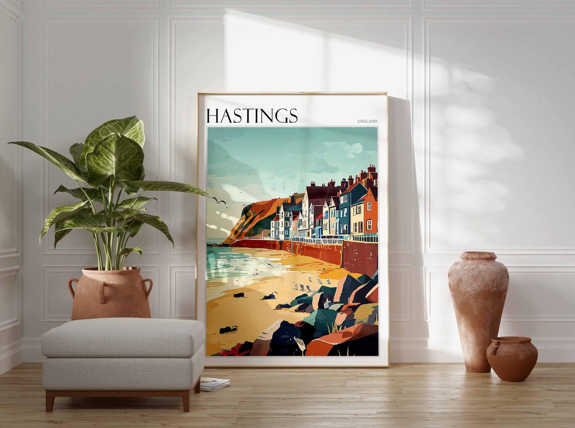 Hastings Retro Houses Sandy Shore Seagulls Vintage Style Seaside Poster - Image 3