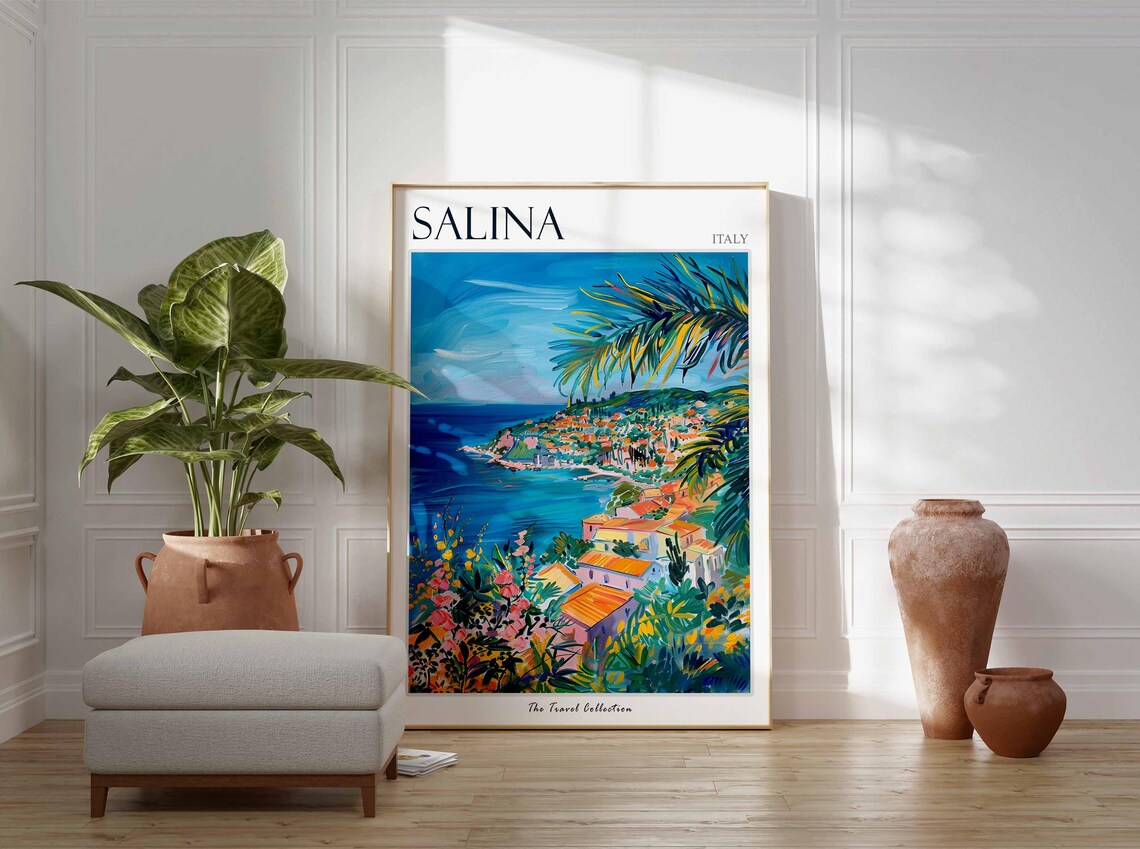 Salina Italy Overlook Coastal Town Flowers Palms Scene Poster - Image 2