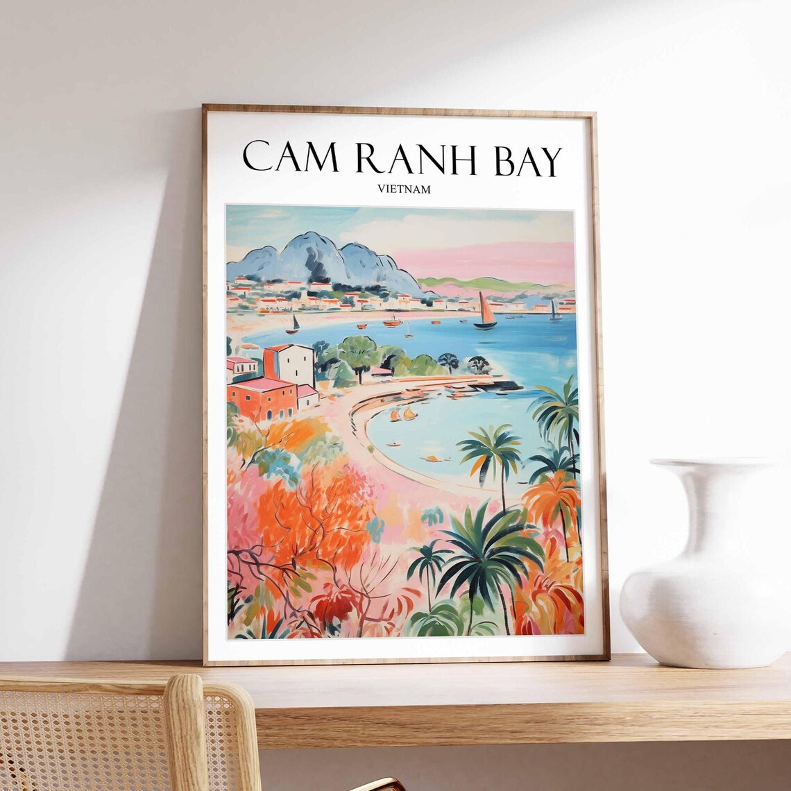 Cam Ranh Bay Vietnam Pastel Harbour Palms Mountains Coast Poster