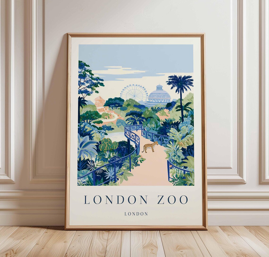 London Zoo Tiger Garden Walkway Vintage Travel Poster Retro British Artwork