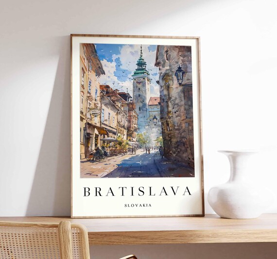 Bratislava Old Town Clock Tower Sunny Watercolor Cafe Street Poster