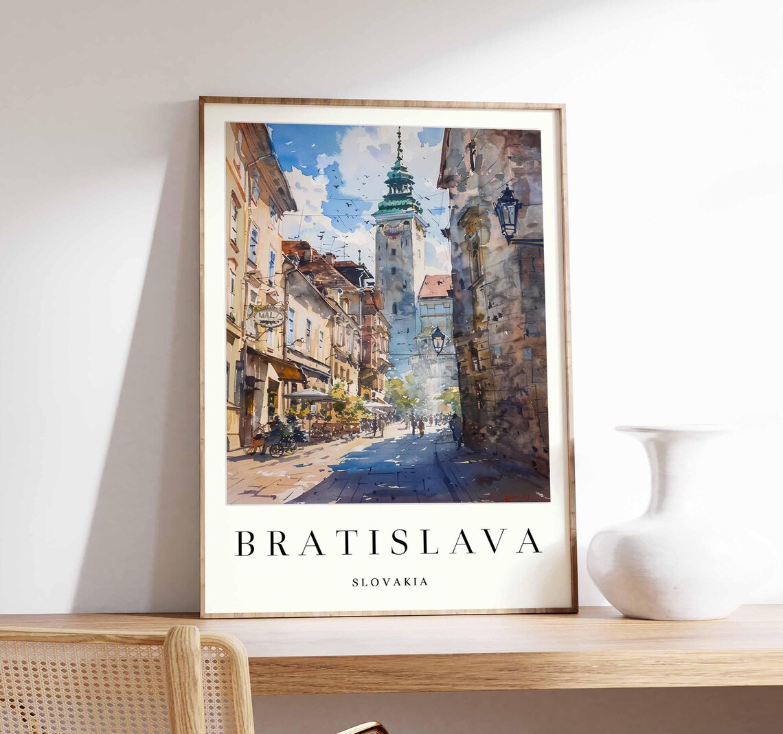Bratislava Old Town Clock Tower Sunny Watercolor Cafe Street Poster