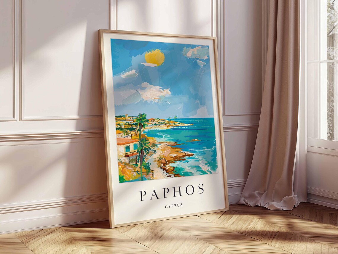 Paphos Cyprus Sunny Mediterranean Coast Palm Trees Beach Houses Poster - Image 2
