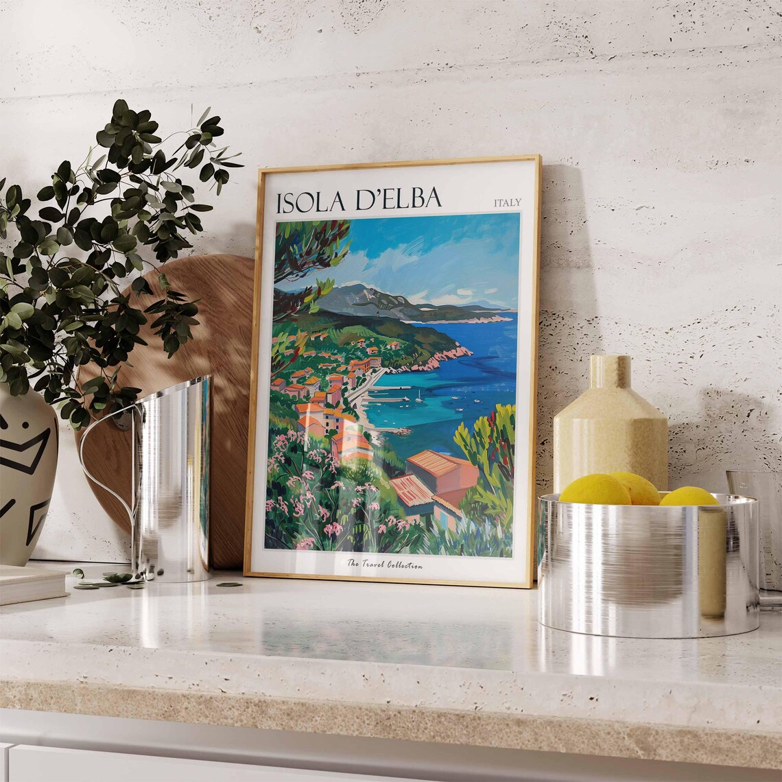Isola d'Elba Italy Coastal Town Pink Blossom Flowers View Poster - Image 2