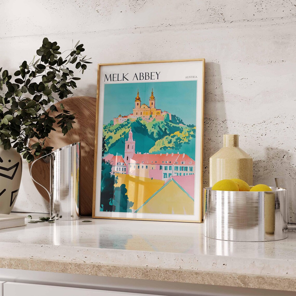 Melk Abbey Austria Twin Towers Above Pastel Town Travel Poster - Image 2