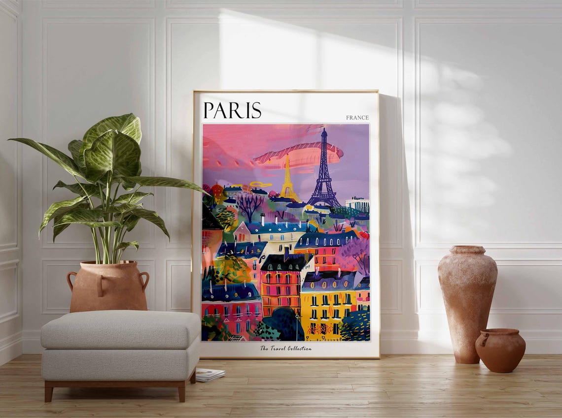 Paris France Eiffel Tower Pink Dusk Skyline Rooftops View Poster - Image 3