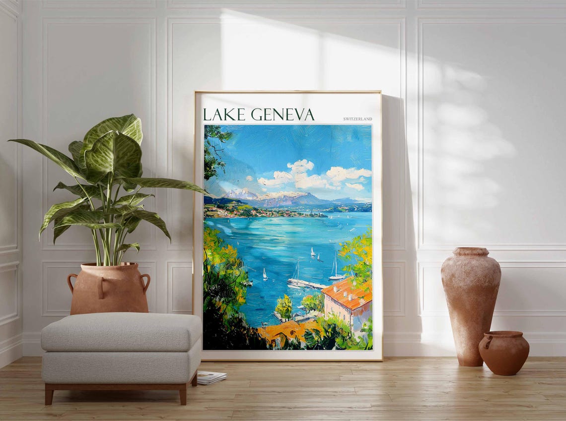 Lake Geneva Poster Switzerland Travel Print Swiss Decor Europe Travel Poster European Wall Art Lake Geneva Travel Poster - Image 2