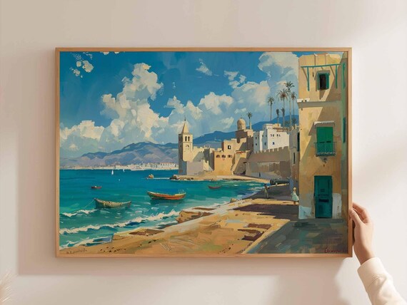 Algiers Algeria Old Town Waterfront With Minaret And Boats Art Print