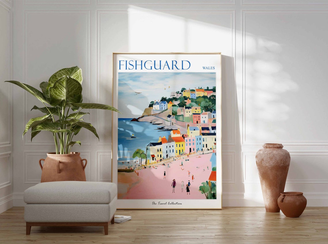 Fishguard Wales Pastel Town Cliffs Beach Vintage Travel Poster - Image 3
