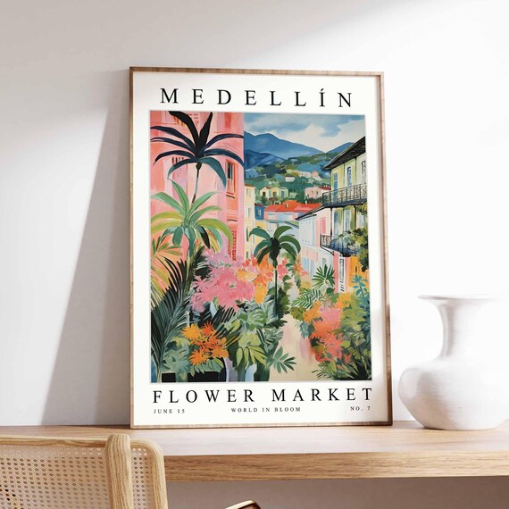 Medellín Flower Market No 7 Palm Lined Colorful Street Town Poster