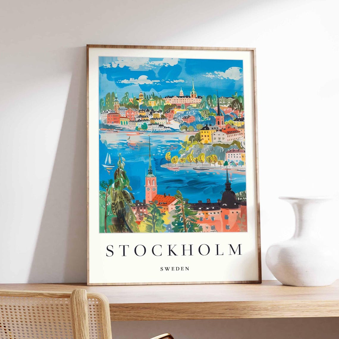 Stockholm Sweden City Panorama Harbor Spires Watercolor Poster