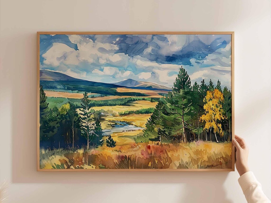 Cairngorms Golden Valley River Watercolor Pine Forest Painting Poster
