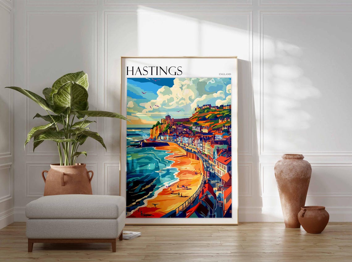 Hastings Sunset Beach Seagulls Colorful Old Town Seaside Travel Poster - Image 3