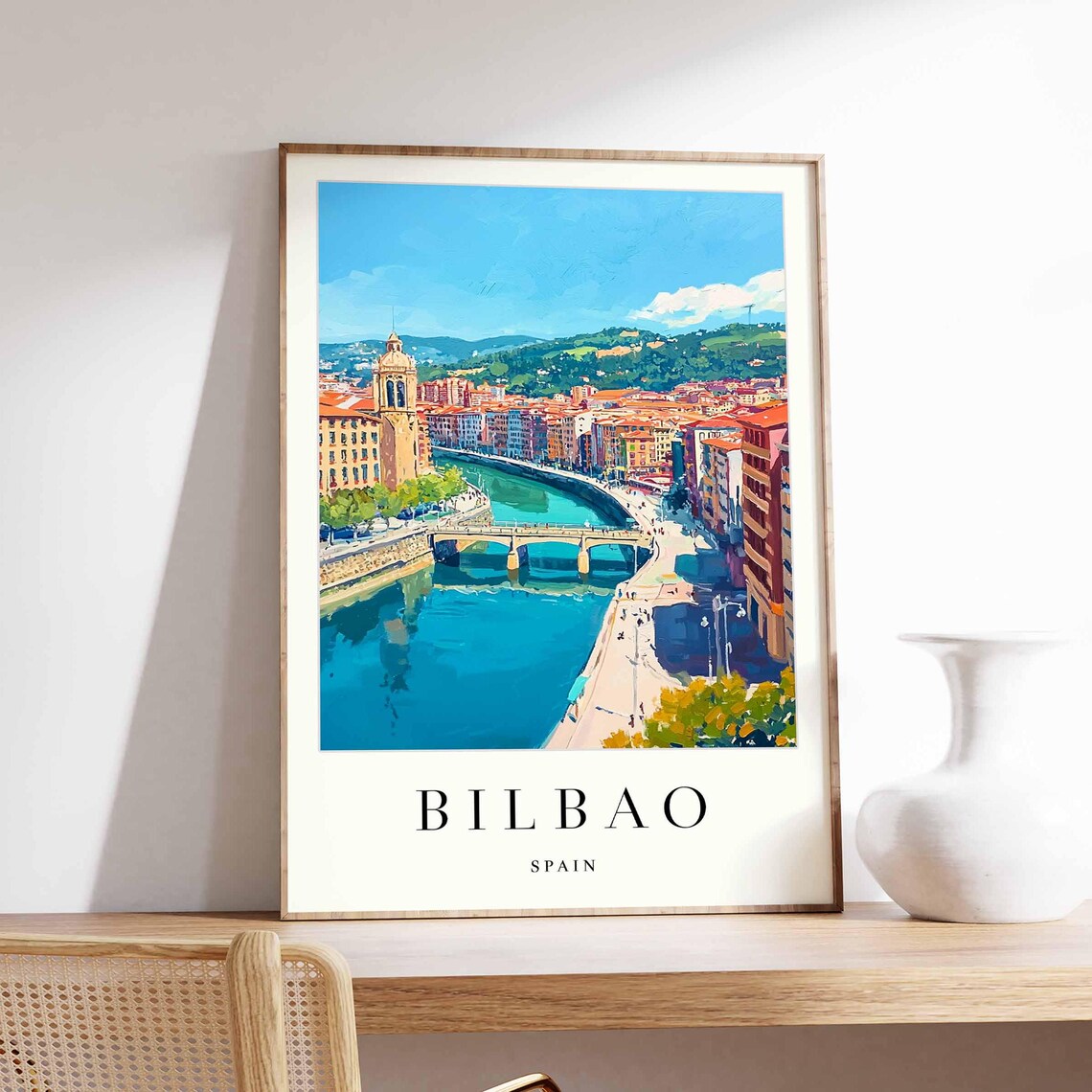 Bilbao Spain River Bridge Old Town Travel Poster Basque Cityscape
