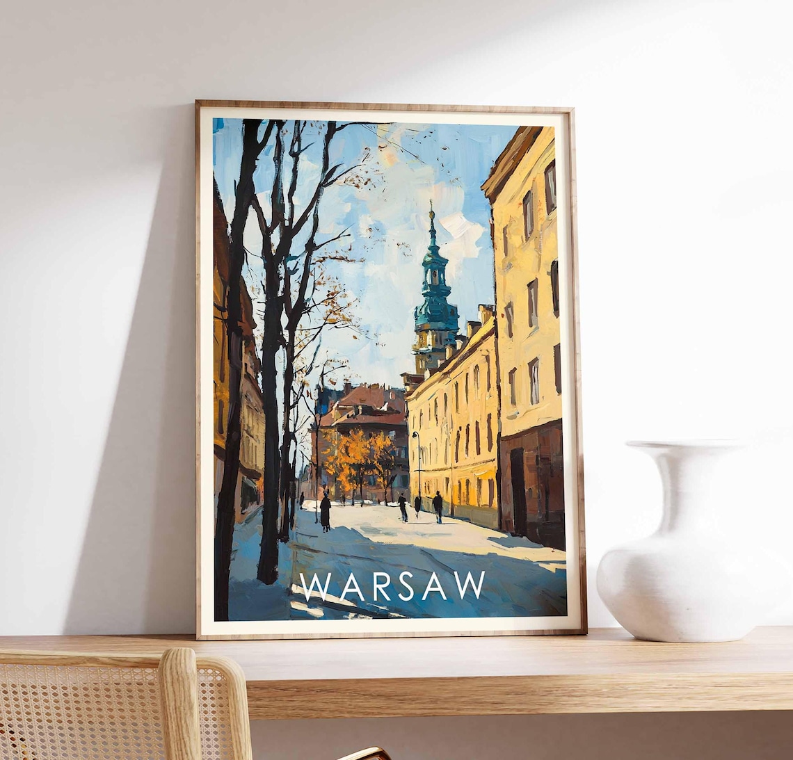 Warsaw Old Town Winter Street Travel Poster Poland Cityscape Art