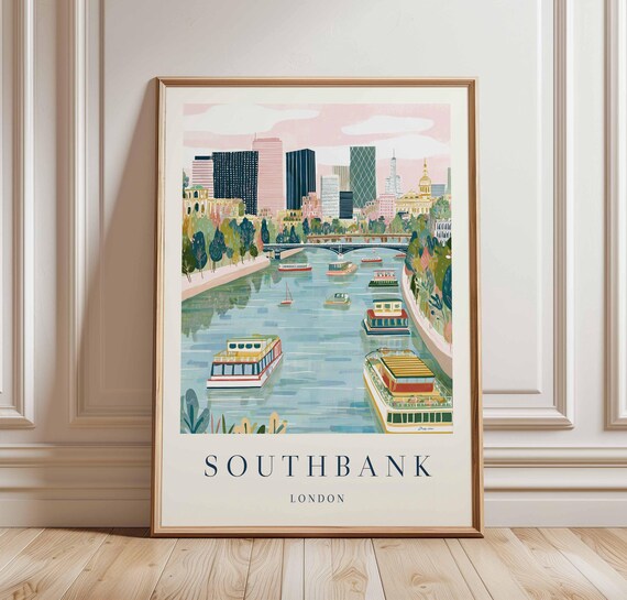 Southbank London Travel Poster Thames River Uk City Art