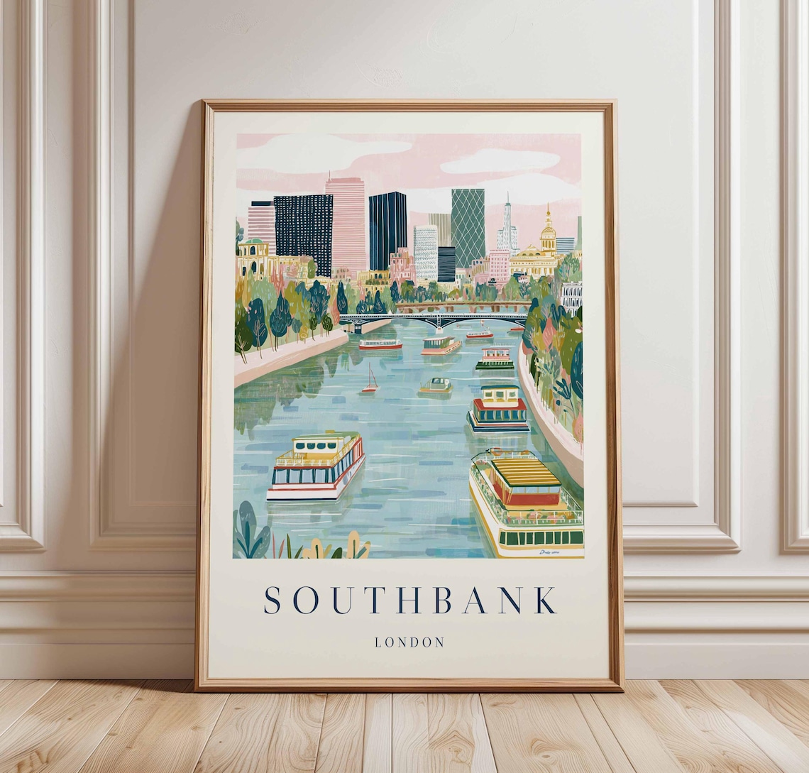 Southbank London Pastel Thames River Boats Skyline Travel Poster
