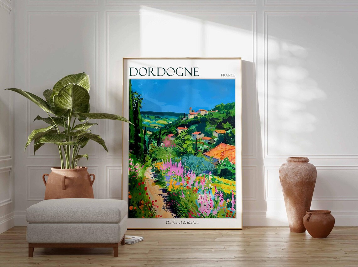 Dordogne France Hillside Village Wildflower Path Travel Poster - Image 3