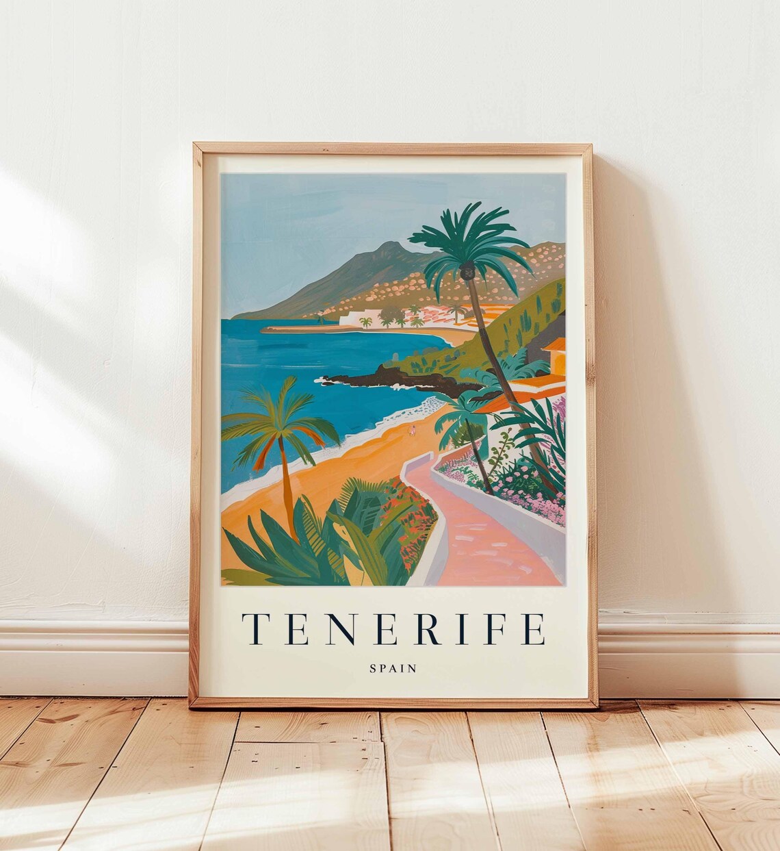 Tenerife Spain Travel Poster Beach Palms And Pink Garden Path