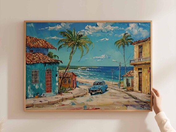 Havana Cuba Vintage Classic Blue Car Coastal Street Painting Poster