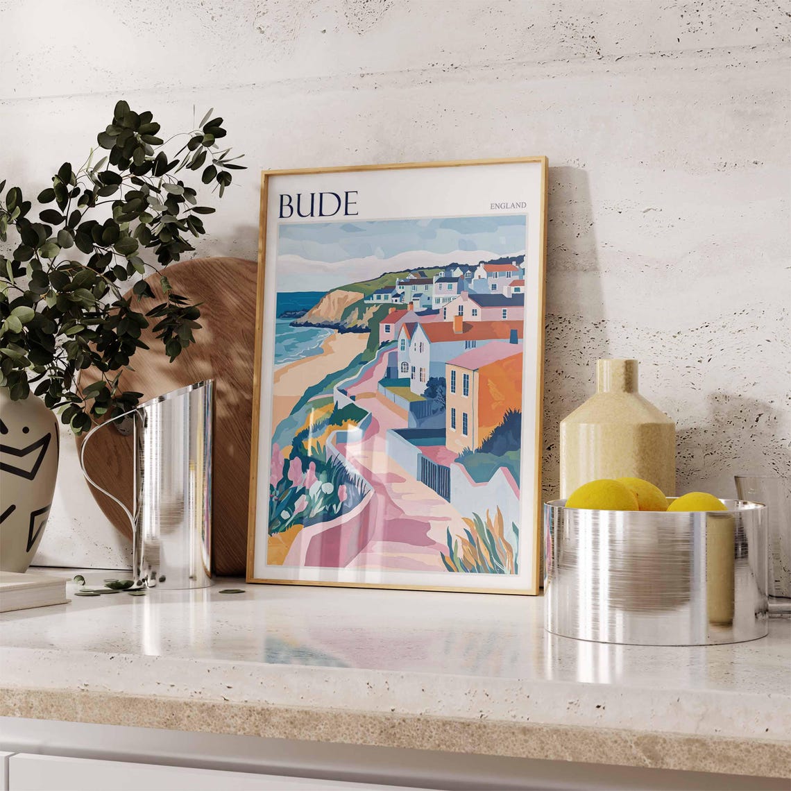 Bude Cornwall England Seaside Cottages and Pink Path to Beach Poster - Image 2