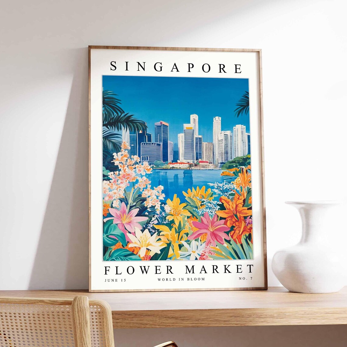 Singapore Flower Market Bay Skyline Pink White Bloom Garden Poster
