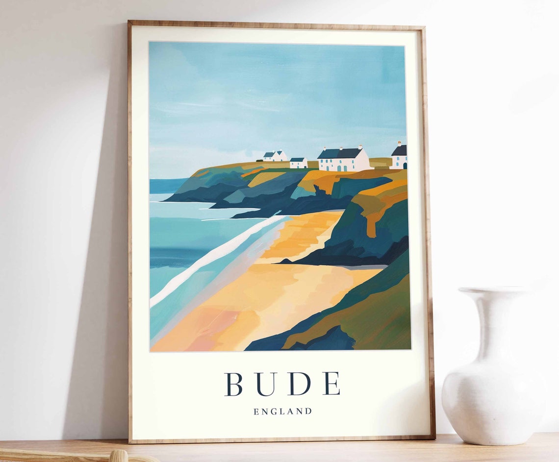 Bude England Cliffside Cottages Over Golden Beach Travel Poster