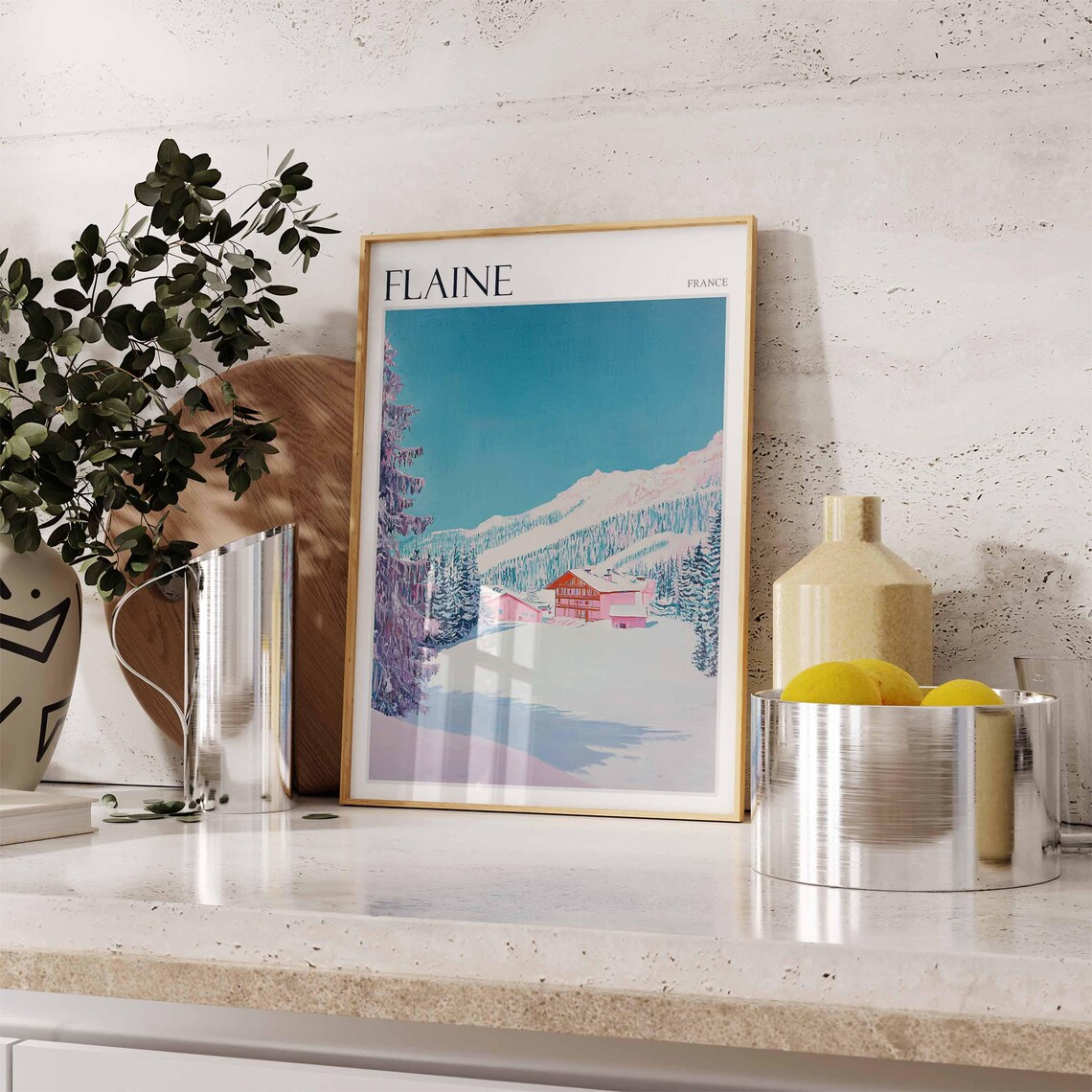 Flaine France Pink Chalets Snowy Pines Alpine Village Poster - Image 2