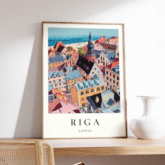 Riga Latvia Colorful Old Town Rooftops By The Sea Travel Poster