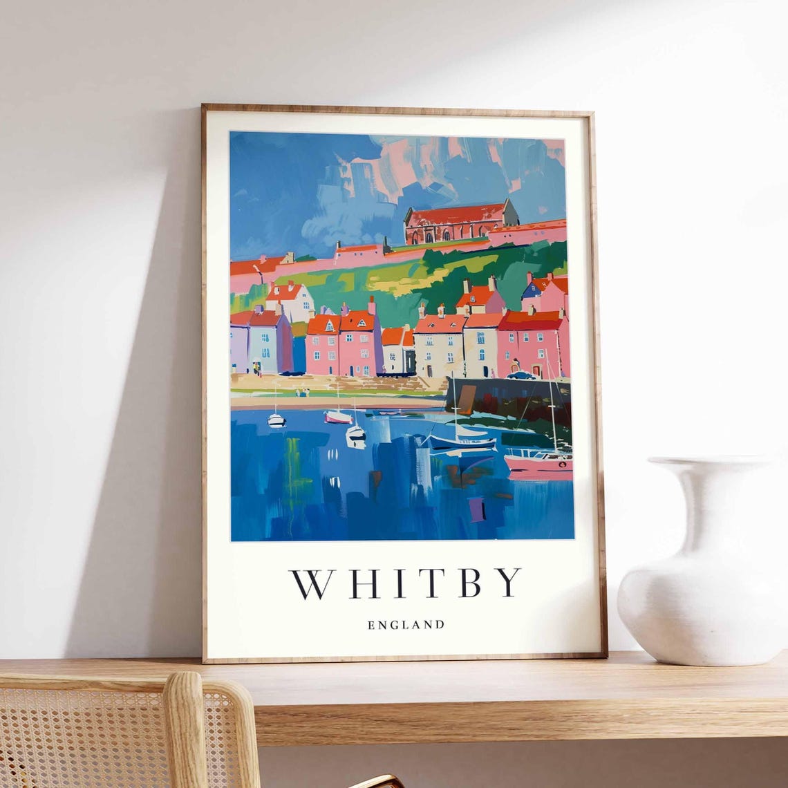 Whitby England Harbor Boats And Abbey Ruins Colorful Seaside Poster