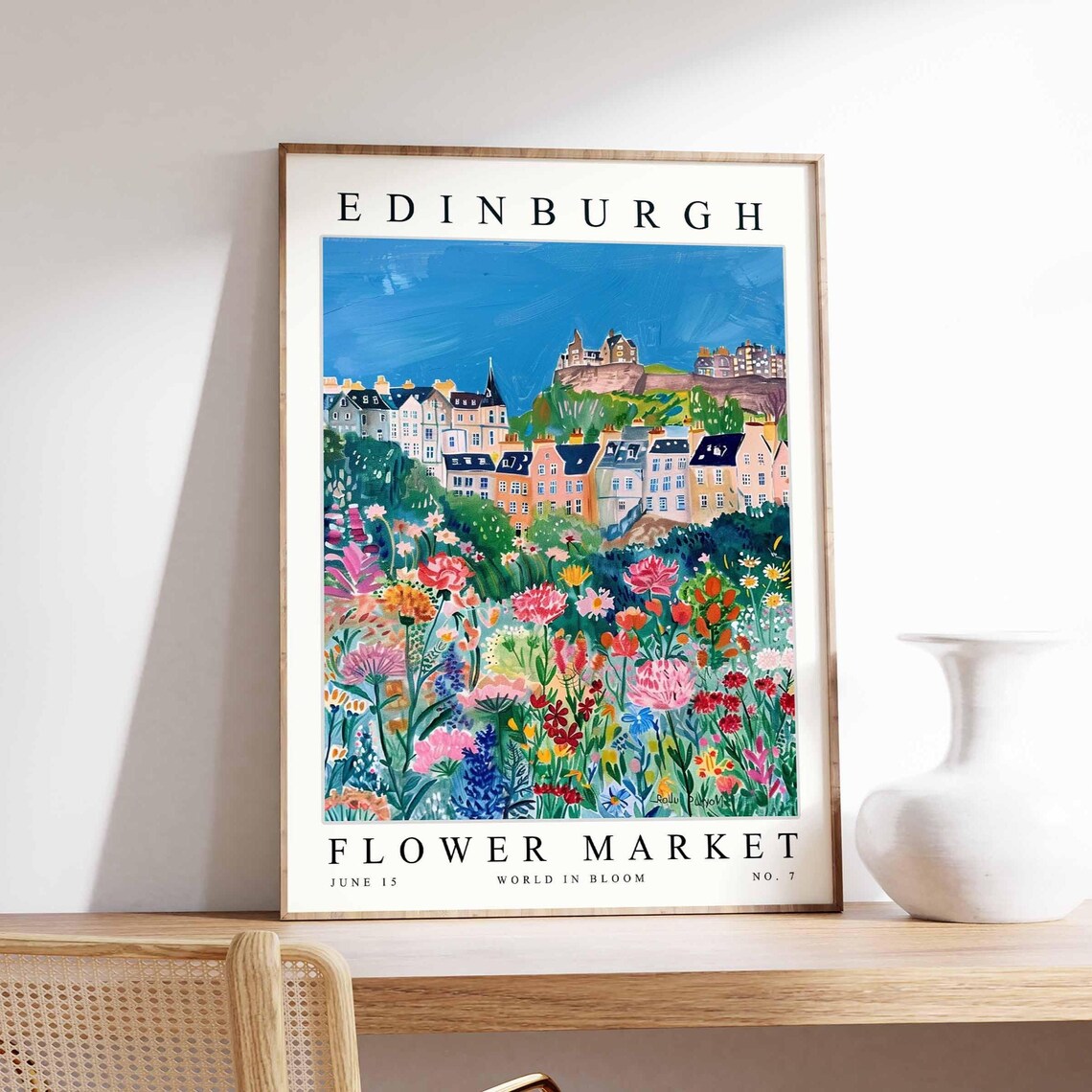 Edinburgh Flower Market Autumn Blossom Street Church Spire Poster