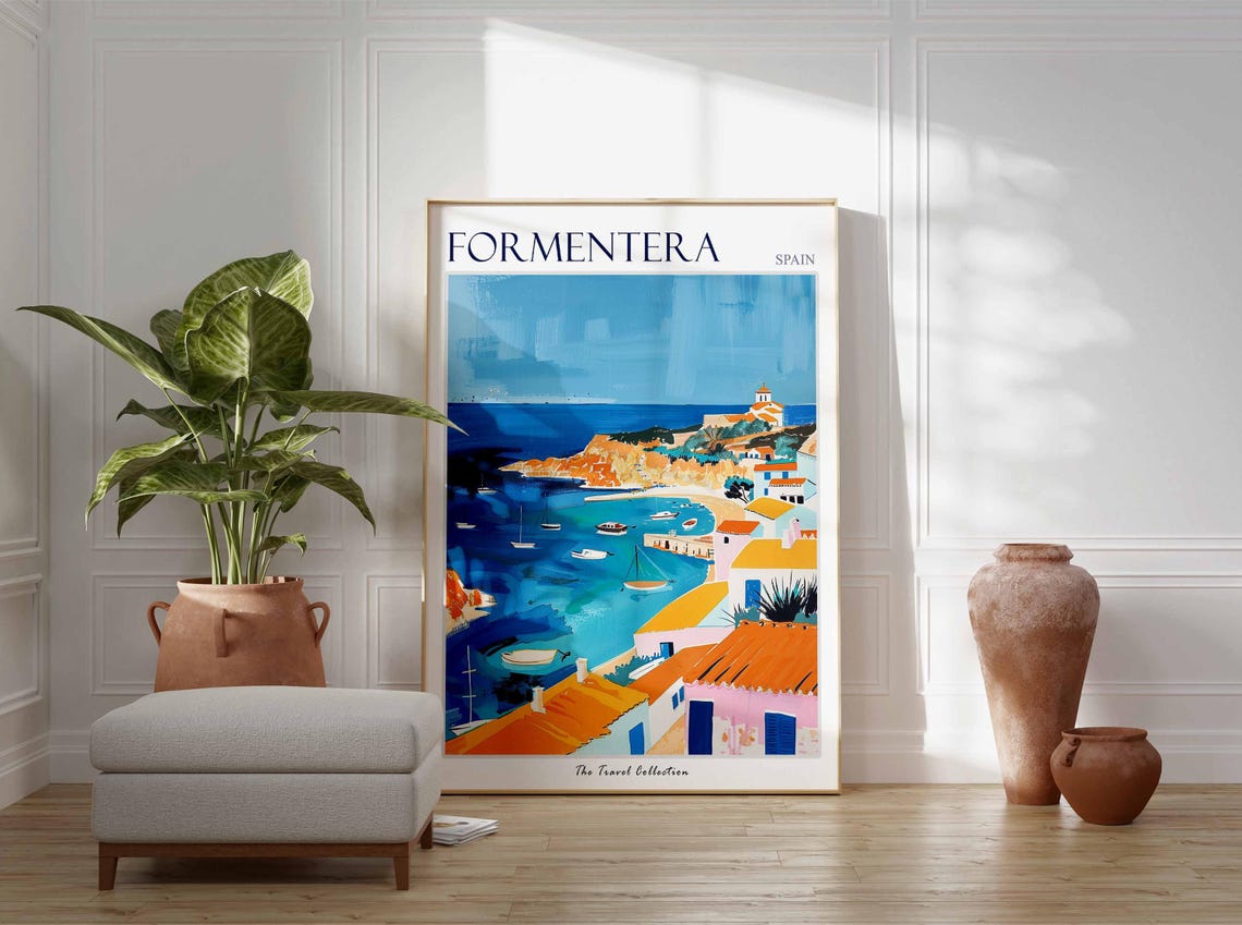 Formentera Sailboat Harbor Old Town Rooftops Spain Travel Poster - Image 3