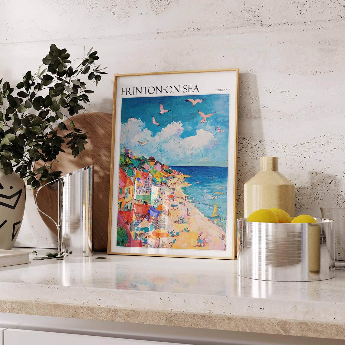 Frinton On Sea Impressionist Seagulls Beach Umbrellas Colorful Town Poster - Image 2