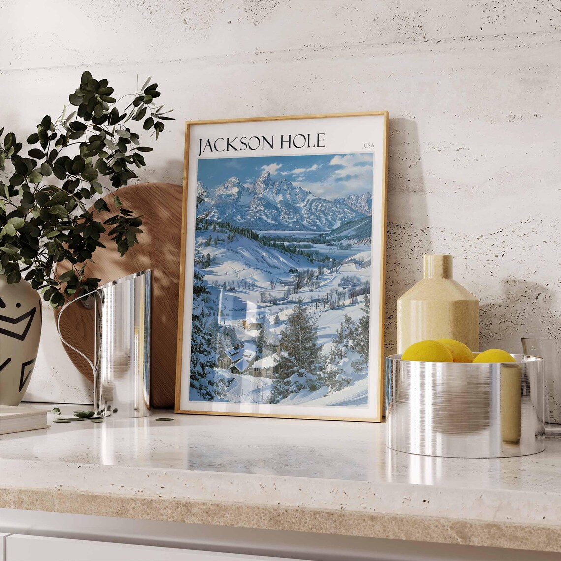 Jackson Hole USA Teton Peaks Poster over Snowy Valley Town Scene - Image 2
