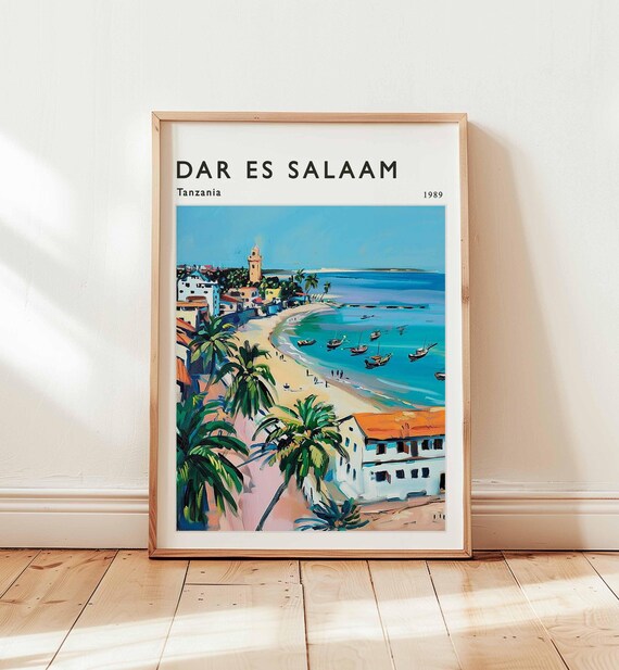 Dar Es Salaam Tanzania 1989 Beach Boats Palms Coast Travel Poster