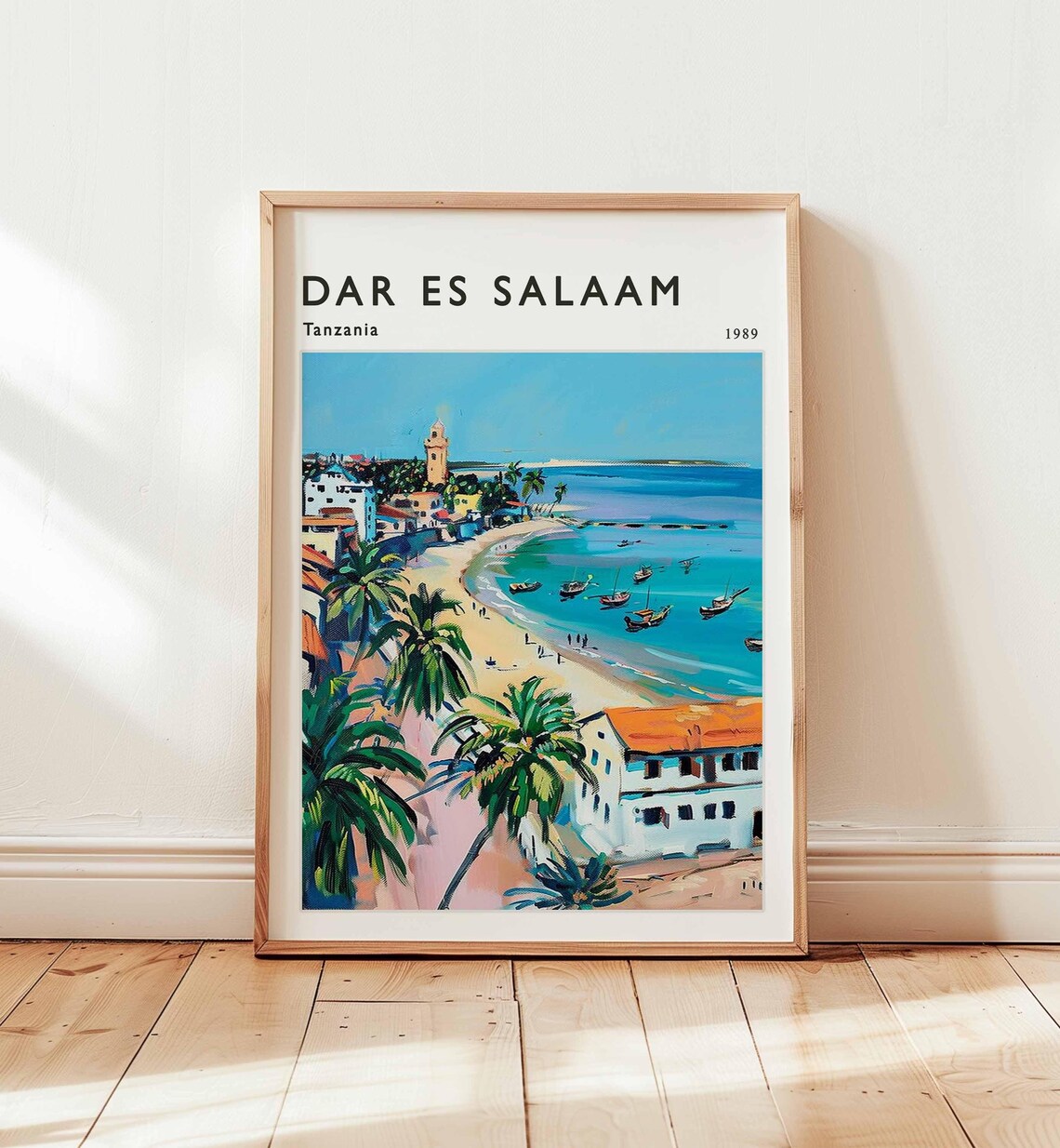 Dar Es Salaam Tanzania 1989 Beach Boats Palms Coast Travel Poster