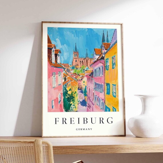 Freiburg Germany Travel Poster Colorful Street to Cathedral Old Town Art