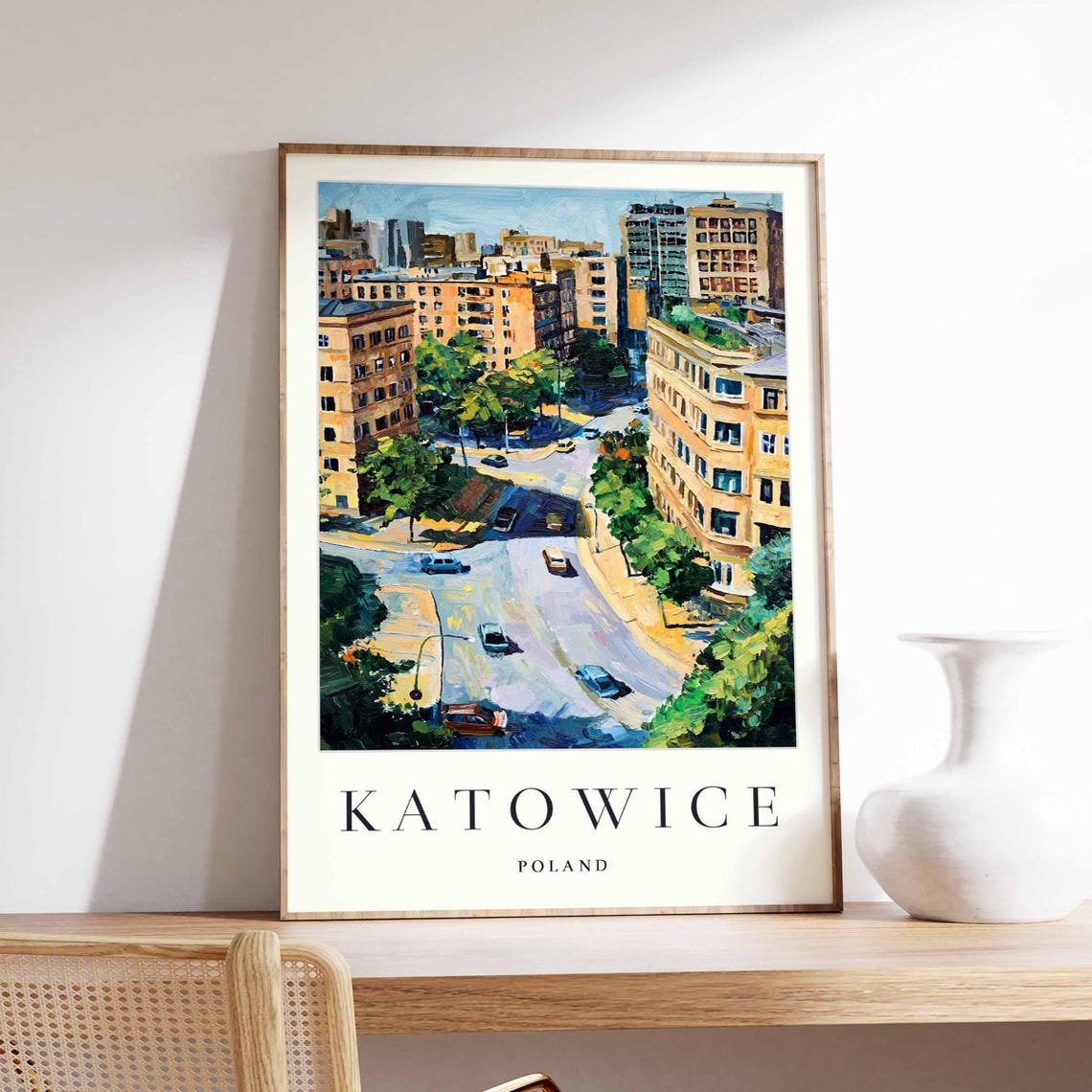 Katowice Poland City Street Aerial Modern Blocks Cars Scene Poster
