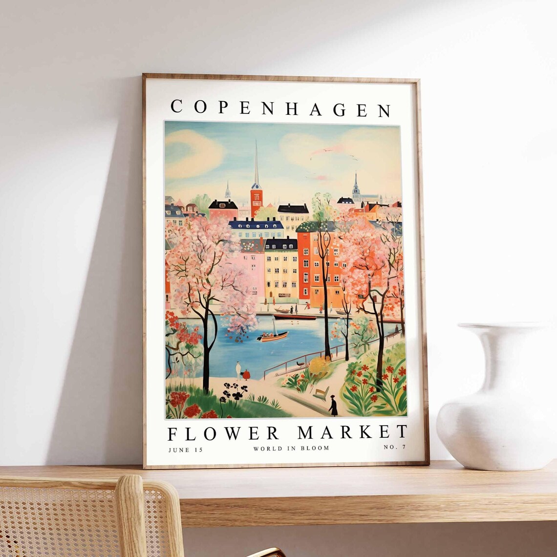 Copenhagen Flower Market No 7 Blossom Trees Harbor Boats Art Poster
