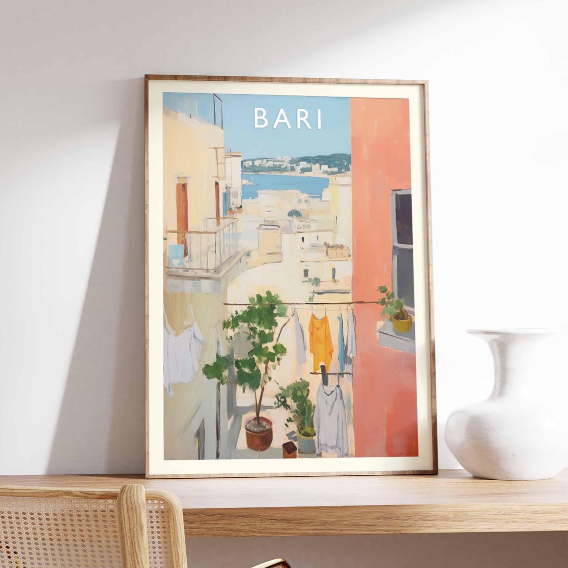Bari Sunlit Old Courtyard Sea View Puglia Italian Travel Poster