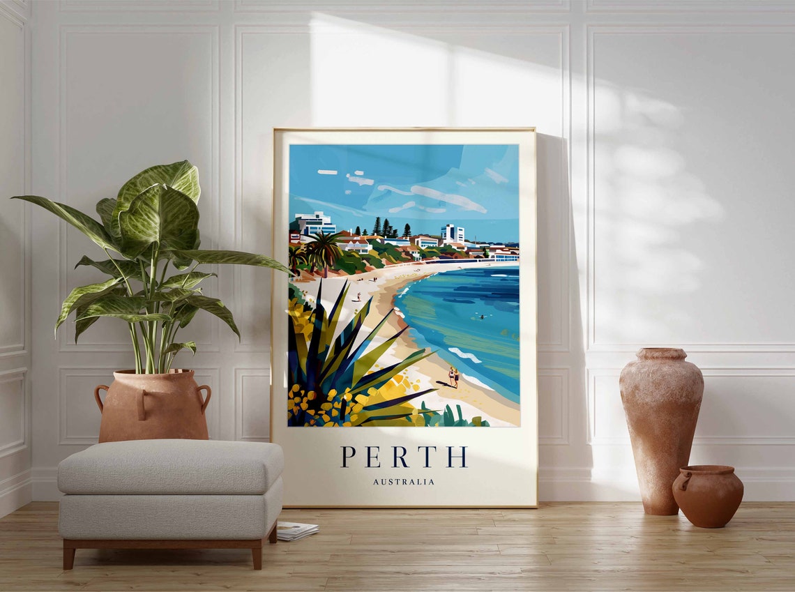 Perth Australia Sunny Beach With Coastal Buildings Travel Poster - Image 3