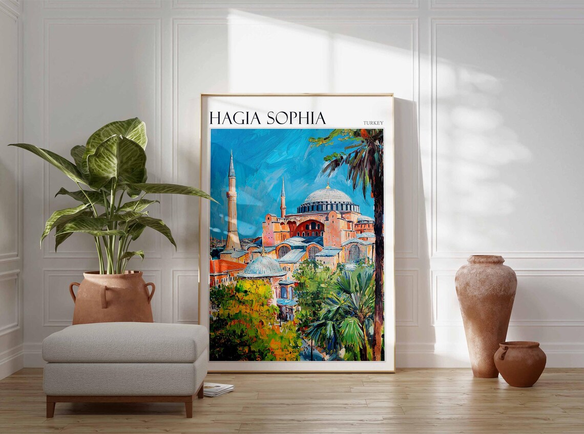 Hagia Sophia Teal Sky Palm Garden Historic Turkey Travel Poster - Image 2