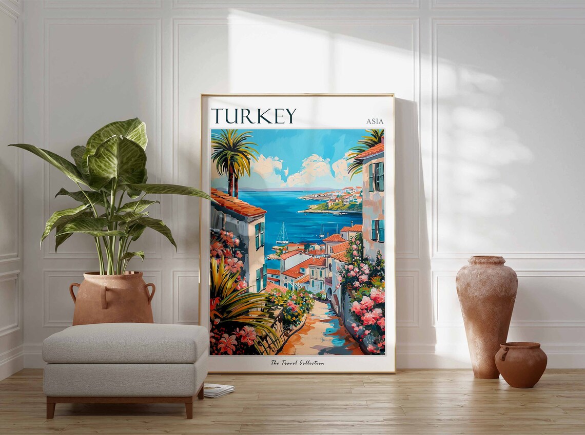 Turkey Coastal Village Flower Filled Street Sea View Art Poster - Image 2